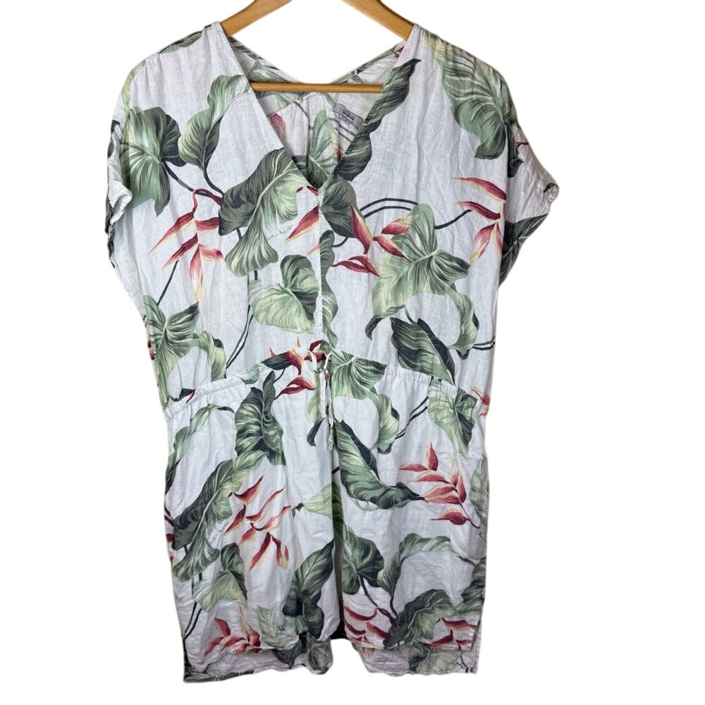 Rails Floral Print Drawstring Tie Linen Dress, Size Large Tropical Resortwear